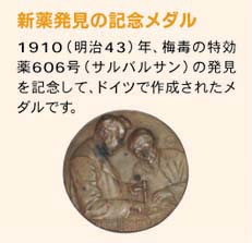 新薬発見の記念メダル　1910（明治43）年、梅毒の特効　薬606号（サルバルサン）の発見を記念して、ドイツで作成されたメダルです。?
